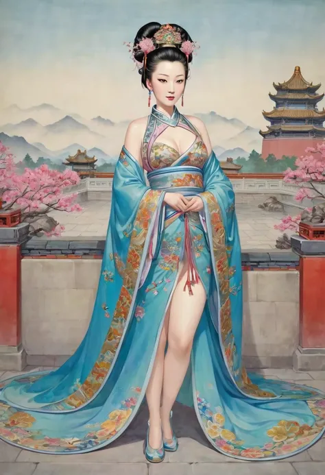 The Empress is standing naked, without underwear, showing her large breasts, hairy lower abdomen, and pubic hair.、
Her hair is tied up and pulled up with a gorgeous flower ornament on both sides.、The background of the crowning of the Qing Dynasty empress i...