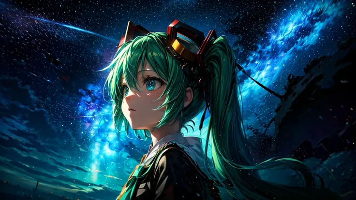 Hatsune Miku character upscaled., Look up at the starry sky. Surround her with colorful nebulae and her favorite constellations.