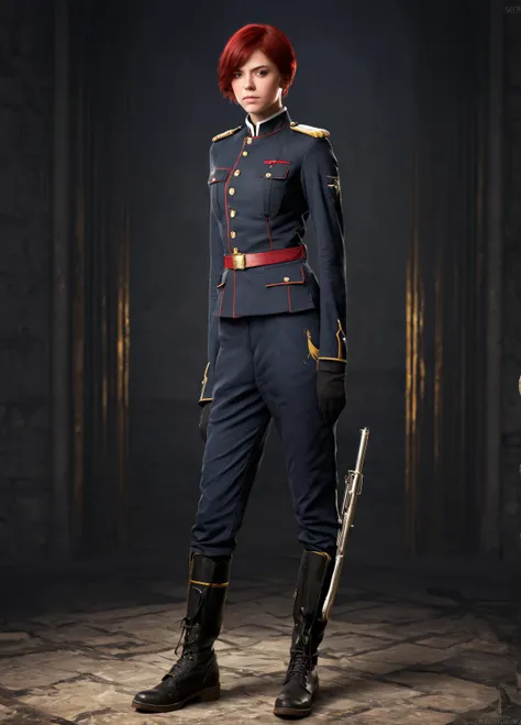 (Highest resolution, distinct_image) Excellent, masterpiece, high detail, semi-realistic, Dishonored 2, a very beautiful woman, solo, normal handsome stance, short red hair, golden eyes, indifferent expression, 18 years old, young, tall and strong , white ...