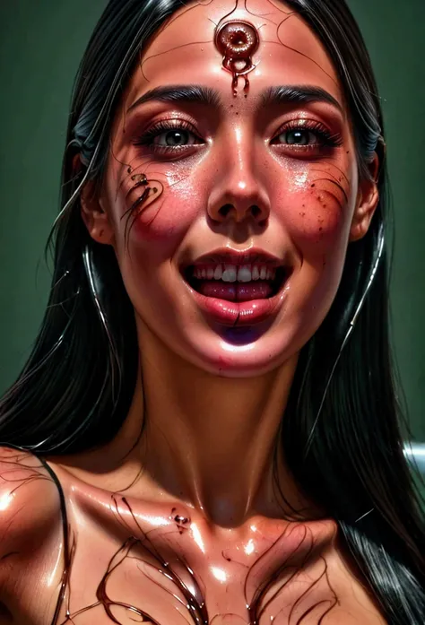 photorealistic of a beauty goddess holding a big donuts in her mouth, slappy, chocolate drip all over her face, happy face, close up,, dynamic motion, cinematic movement, blurry edges, serious expression, super detailed, perfect face(face detailed:1.5), pe...