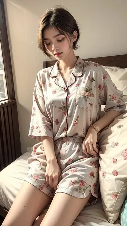 Sleepy girl, 22 years old, Realistic, she is wearing shorts, She is wearing floral pajamas, short hair.