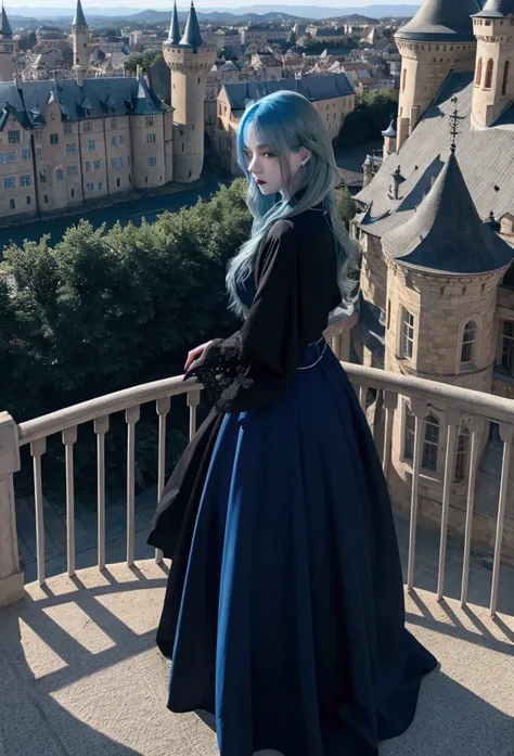 Beautiful witch with blue hair、The line of sight is sharp、Intellectual、Standing on a balcony in a European castle