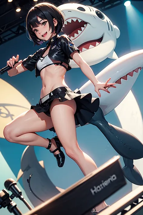 A girl singing with a microphone，short hair，With a shark tail，Smile with jagged teeth