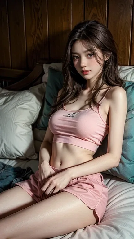 Sleeping girl, 22 years old, Realistic, She is wearing long pants, She is wearing pink pajamas, Brown Hair.　camisole、Shorts