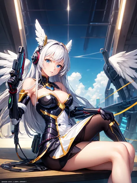 Female angel anime style Dorbach , Mecha Mini Dress 2D, Sitting, Spectators((Highest quality)), ((masterpiece)), (detailed) ((Centered Images))