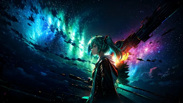 Hatsune Miku character upscaled., Look up at the starry sky. Surround her with colorful nebulae and her favorite constellations.