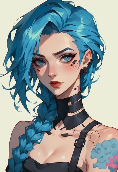 Sarada  + jinx sexy big titis arcane , appealing with blue silver hair woman in full body, a darck light, digital arma cromada em mãos cyberpunk - anime art, digital cyberpunk sexy Sensual anime art, anime cyberpunk art, jinx from league of legends, portra...