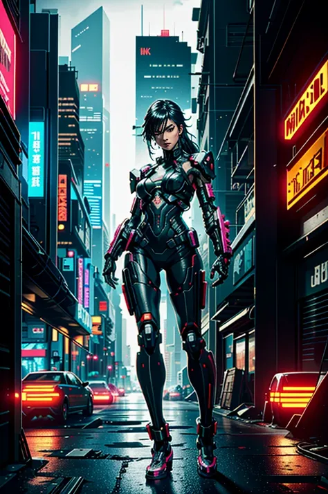 (cyberpunk, 4k) In a dystopian metropolis, a cyborg ninja makes her way through the shadows of neon skyscrapers, photographed with a Fujifilm GFX 100S.
