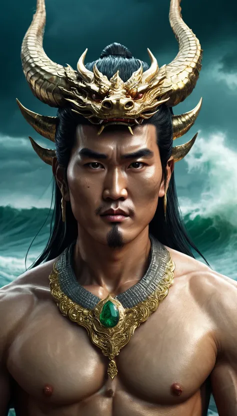 Extremely detailed close-up portrait, modeled after the legend of the Vietnamese god Lac Long Quan, taken from the waist up. The face of the god is a combination of modern handsomeness, combining the highlights of Thai, Korean and Hong Kong movie stars. A ...