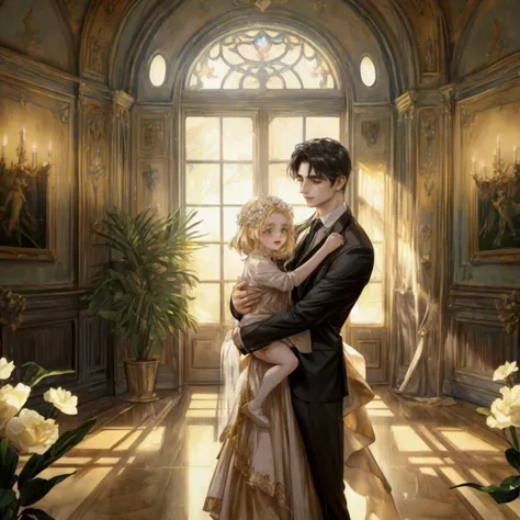 A heartwarming scene in a modern, elegant mansion in Pula, Croatia. A young father in his 30s, dressed in a business suit, has just returned home from work. He lovingly and warmly embraces his playful and innocent twin children, a boy and a girl, lifting t...