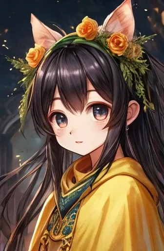 good looking ,Roleplaying、Small eyes、Long Hair、Fantasy style clothing、Yellow clothes、Yellow Cape、Black Hair、Yellow bandana on head、