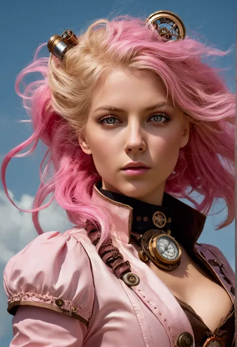 Highest quality, masterpiece, Upper Body, woman, Windblown blonde, Shining Eyes, Steampunk Nude Style, Light clothing, Pink clothes, Pink Hair