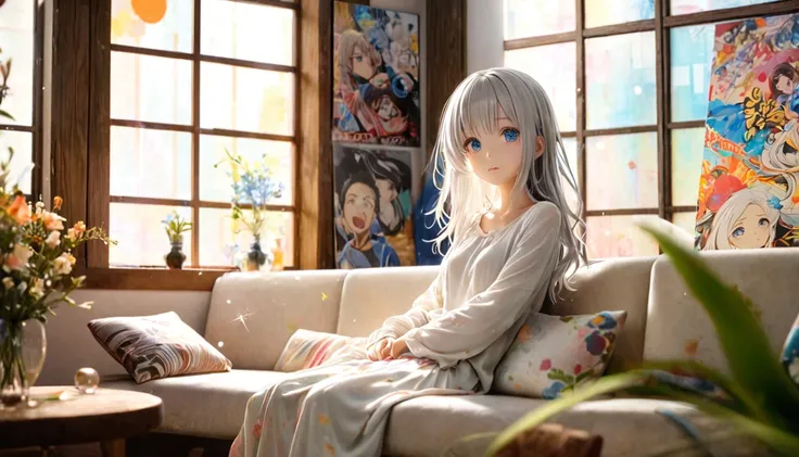 Bright sunlight pours in through the large windows、A peaceful corner of the room。A young woman with silver hair is lying on a sofa、He is looking at me with a gentle expression。Her blue eyes sparkle、The soft light reflects off her hair.。She was wearing a lo...