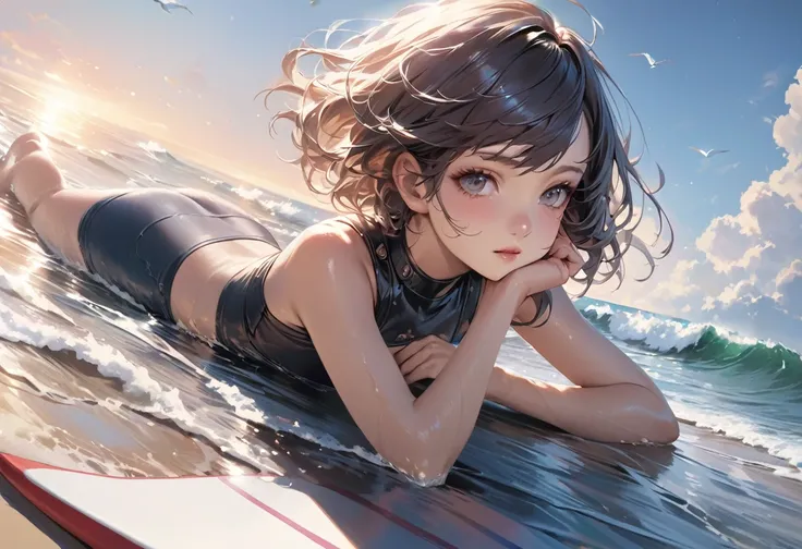 A cute girl lies on her stomach on a surfboard and floats in the waves、Detailed depiction of the face、Short Hair、Ocean、Realistic、Highest quality、