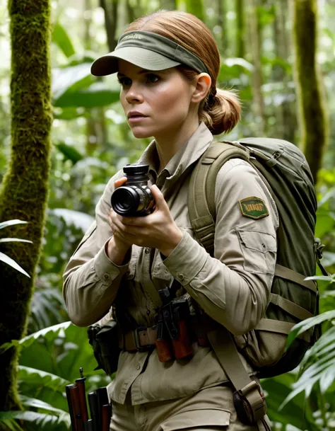 Kate Mara, age 25, rifle in hand, dressed in jungle adventure gear, is stalking a wild Donut in the forest
