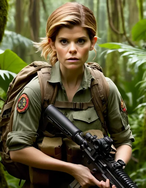 Kate Mara, age 25, rifle in hand, dressed in jungle adventure gear, is stalking a wild Donut in the forest
