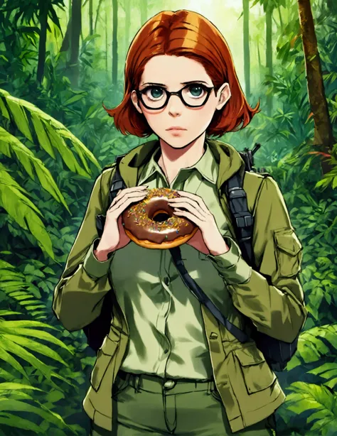 Kate Mara, age 25, rifle in hand, dressed in jungle adventure gear, is stalking a wild Donut in the forest
