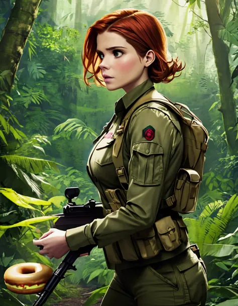 Kate Mara, age 25, rifle in hand, dressed in jungle adventure gear, is stalking a wild Donut in the forest
