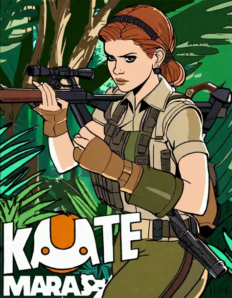 Kate Mara, age 25, rifle in hand, dressed in jungle adventure gear, is stalking a wild Donut in the forest
