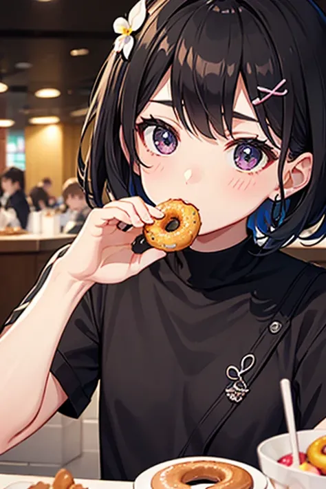 Highest quality、Black Hair、Iris、short hair、girl、cute、16 years old、、Small hair ornament、1 person、Eating a donut、Eat a lot、Eat with relish、A pile of donutouth-watering look、