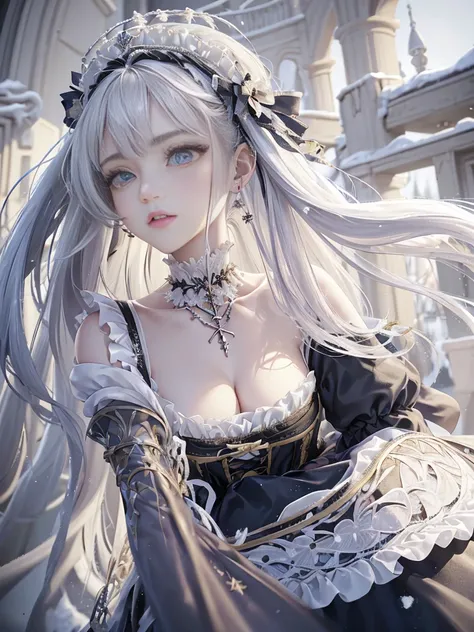 ((masterpiece:1.5,highest quality,Highly detailed images,Beautiful images、Realistic、Photorealistic、2.5D))(1girl, solo)(cute girl, medium breasts, white hair, aqua eyes、Beautiful big eyes、Sharp jaw、Small Nose、Narrow waist、Thin legs、Ideal body type、The colla...