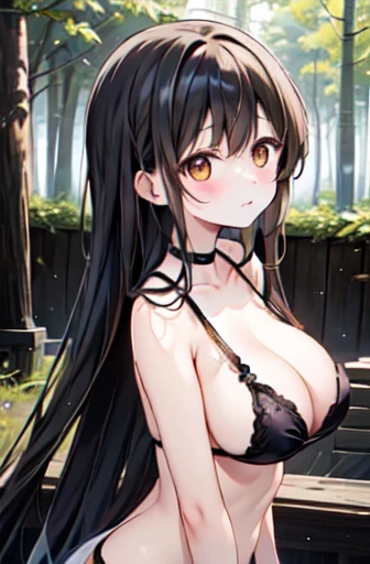 shiina mahiru, Yellow Eyes , forest,Big Breasts、Long black hair、naked