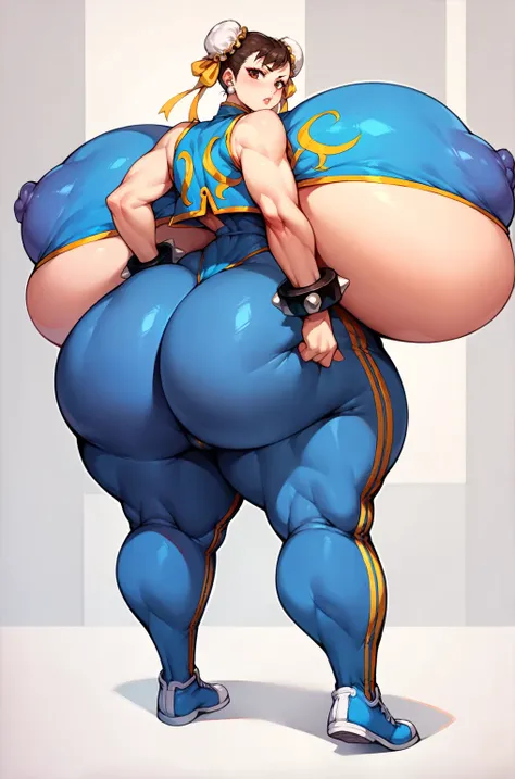 score_9, score_8_up, score_7_up, score_6_up, score_5_up, score_4_up, solo, CHUN-LI, brown eyes, double bun, yellow ribbon, blue bodysuit, crop top, sleeveless, ((full body)), ((gigantic fat ass)), thick thighs, from behind, (((gigantic breasts))), underboo...