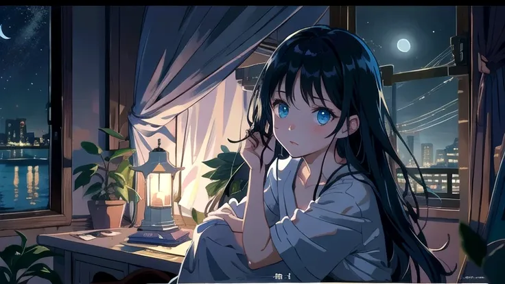 Create an illustration of a girl with black hair and blue eyes, sitting in a chair in front of a desk, Sentimental, Introspective look。, The moonlight gently shines into the room, Gently illuminate the space, Curtains sway in the wind, Increase tranquility...