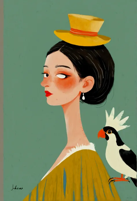 there is a drawing of a woman with a bird on her head, there are birds on her head, parrot on head, inspired by Will Barnet, procreate illustration, solo portrait 🎨🖌️, inspired by Johannes Vermeer, bird poo on head, illustration!, inspired by Alex Katz, di...