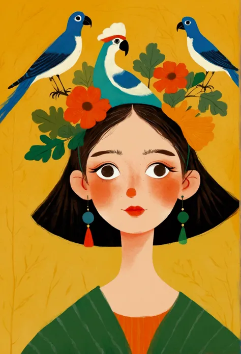 there is a drawing of a woman with a bird on her head, there are birds on her head, parrot on head, inspired by Will Barnet, procreate illustration, solo portrait 🎨🖌️, inspired by Johannes Vermeer, bird poo on head, illustration!, inspired by Alex Katz, di...