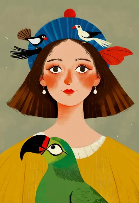 there is a drawing of a woman with a bird on her head, there are birds on her head, parrot on head, inspired by Will Barnet, procreate illustration, solo portrait 🎨🖌️, inspired by Johannes Vermeer, bird poo on head, illustration!, inspired by Alex Katz, di...