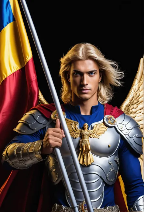 Create a heavenly image of Archangel Michael, beautiful blonde, beautiful blue eyes. , carrying the flag of Venezuela in his right hand,.