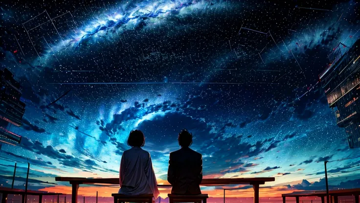 Scene of a cafeteria interior in the shape of a giant constellation in the sky。A couple sitting at a table、Admiring the beauty of the surrounding constellations、We talk about our dreams。