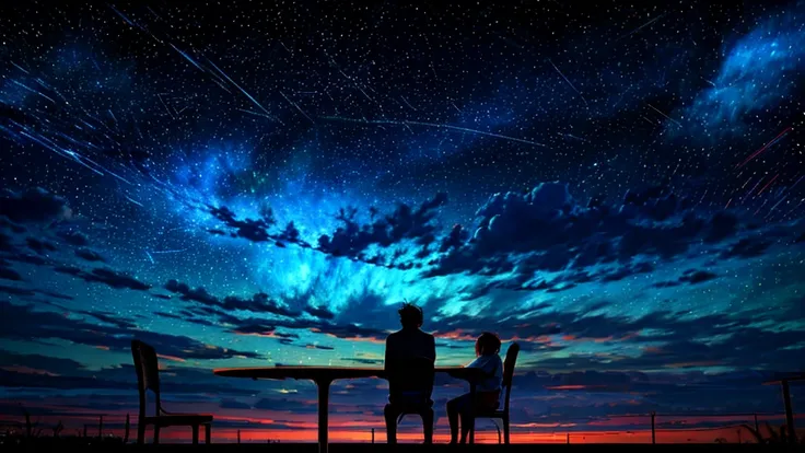 Scene of a cafeteria interior in the shape of a giant constellation in the sky。A couple sitting at a table、Admiring the beauty of the surrounding constellations、We talk about our dreams。