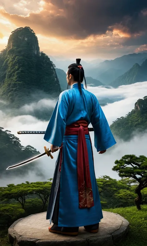 Ultra-high-definition picture quality，8K quality，A man，穿着中式Hanfu，手中拿着一把精致切闪耀着蓝光的Long Sword，There are cool lightning effects around the sword，There are mysterious runes on the sword。Man hanging in the mist、In the glorious and peaceful wonderland，with majest...