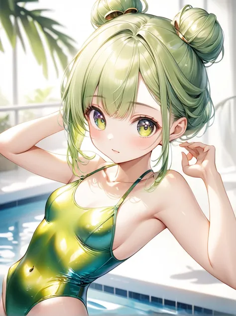 (Highest quality, 8k, 32K, masterpiece, Ultra-high resolution,:1.2),born, One girl,Super cute , Natural light,Clear, shining eyes, 20-year-old ,Fair skin, Green hair, Bold Swimsuit, Shiny Swimsuit, Stylish hairstyle, Bun Hair,