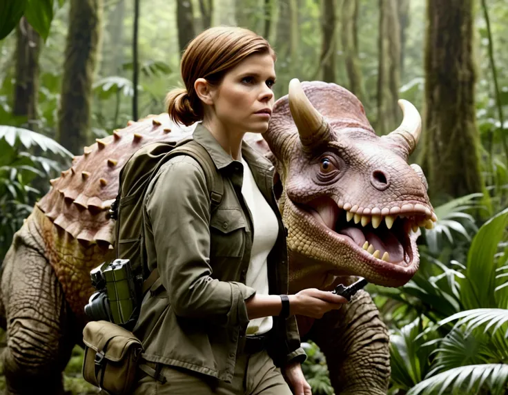 Kate Mara, age 25, rifle in hand, dressed in jungle adventure gear, is stalking a wild Donut triceratops in the forest
