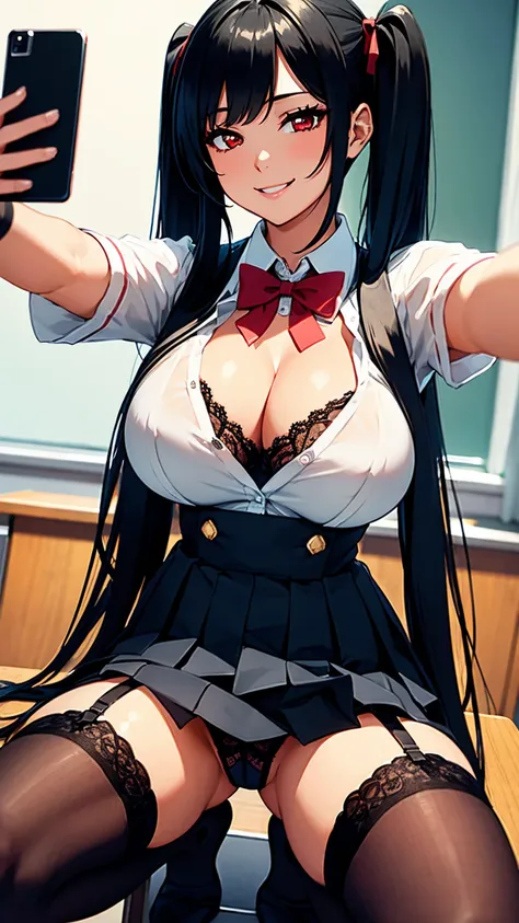 woman, student, sexy body, curvy body, big breasts, cleavage, red eyes, long straight black hair, ((twintail hairstyle)), big hip, ((stockings, garter belts, student uniform, school-uniform)), smiling, beautiful face, detailed face, very detailed, beautifu...