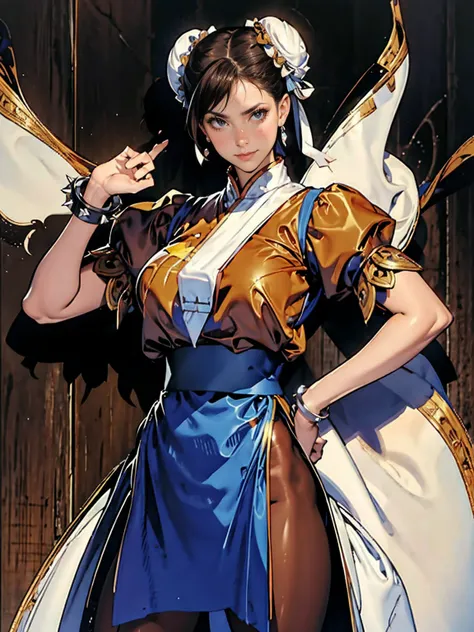 Perfect Eyes:1.2, Detailed eyes:1.4, Chunli, Red eyeshadow:1.2, smile, Big Breasts, compensate:1.2, White Belt, Chai Pao, nature, wood, Brown eyes, short hair, Brown Hair, Double Bang, bun cover, Blue Doctor.S, Pelvic Curtain, spike bracelet, sash, Brown p...