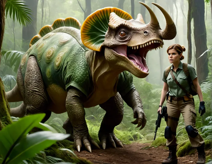 Kate Mara, age 25, rifle in hand, dressed in jungle adventure gear, is stalking a wild Donut triceratops in the forest
