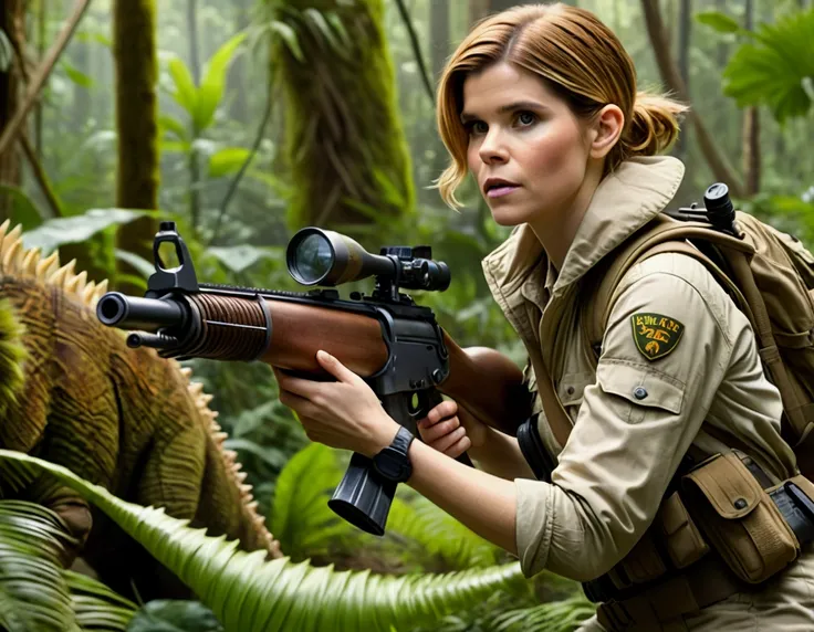 Kate Mara, age 25, rifle in hand, dressed in jungle adventure gear, is stalking a wild Donut triceratops in the forest
