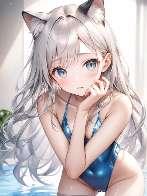 (Highest quality, 8k, 32K, masterpiece, Ultra-high resolution,:1.2),born, One girl,Super cute , Natural light,Clear, shining eyes, 20-year-old ,Fair skin, Silver hair, Bold Swimsuit, Sexy Swimsuit, Cat ear,Long Hair