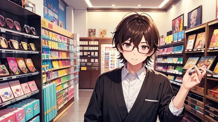 I will design a YouTube thumbnail image featuring an eyeglass store clerk, inspired by Daisuke Sakuma or Masaki Suda. He sports square black-rimmed glasses, has brown eyes, and vibrant reddish-brown hair, with a range of expressions. The jawline is rounded...