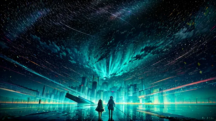 Hatsune Miku upscaling and、A cafeteria in the shape of a giant constellation floating in the sky