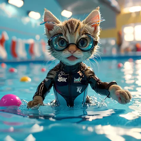 ((8k)), highest quality, 超High resolution, (High resolution), A kitten is swimming in a competitive swimsuit, Competition Pool, Loud cheers from the audience, Wearing swimming goggles, splashes rise