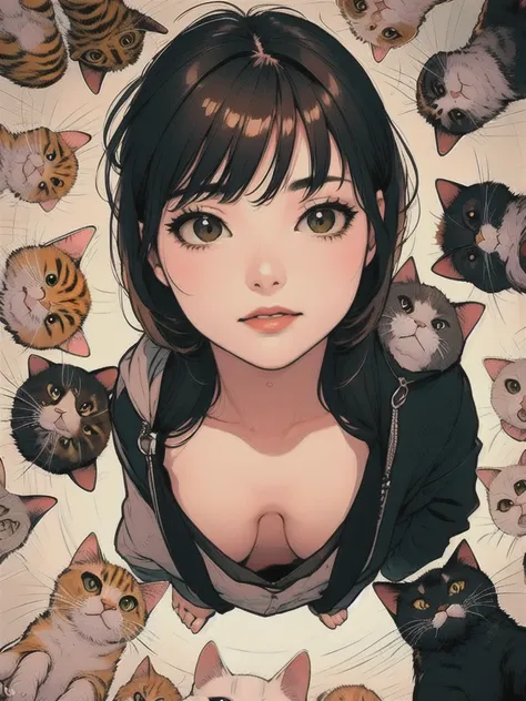 (masterpiece, best quality), 1girl,    surrounded by cat,