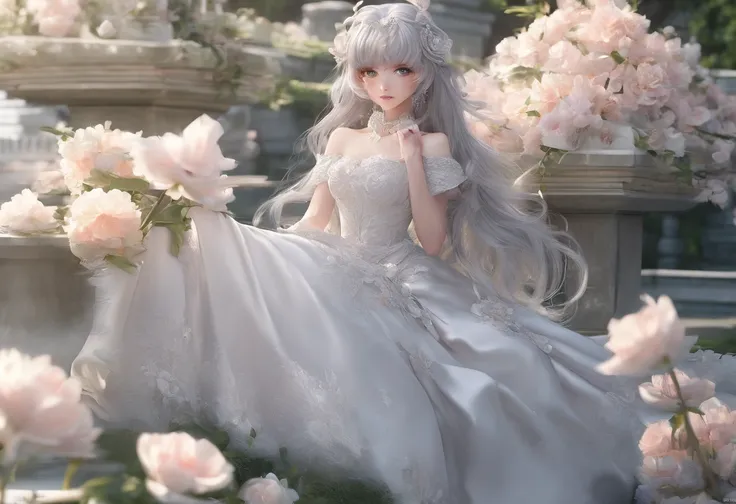 Medium display, Medium Shot, Depth of written boundary, Head to Toe, Full body portrait, Movie angle, masterpiece, Highest quality, Very detailed, CG, 8k wallpaper, Beautiful Face, Delicate eyes, Ash grey hair color, alone, smile, bangs, Early summer outfi...