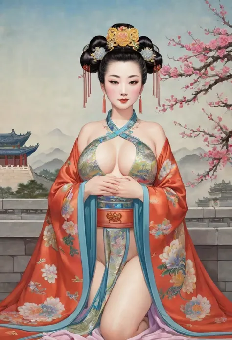 The Empress is standing naked, without underwear, showing her large breasts, hairy lower abdomen, and pubic hair.、
Her hair is tied up and pulled up with a gorgeous flower ornament on both sides.、The background of the crowning of the Qing Dynasty empress i...