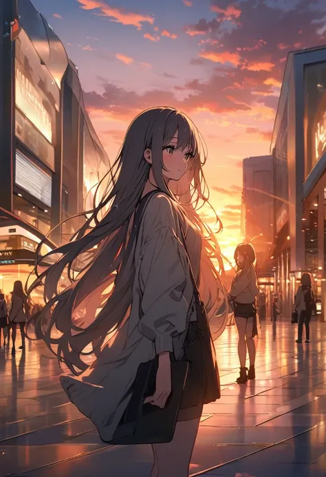 Sunset, city, Mall, long hair girl