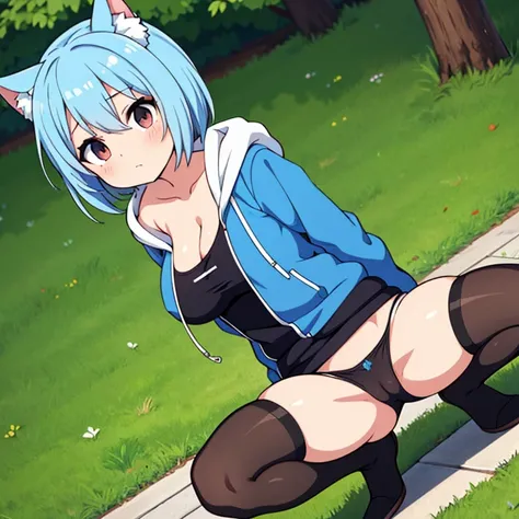 anime girl with blue hair, anime moe artstyle, rogue anime girl ayanami rei, 2 d anime style, Kantai Collection Style, the anime girl is crouching, beautiful anime girl squatting, peeing from wet and moist crotch, incontinence, Wearing a jacket with a hood...